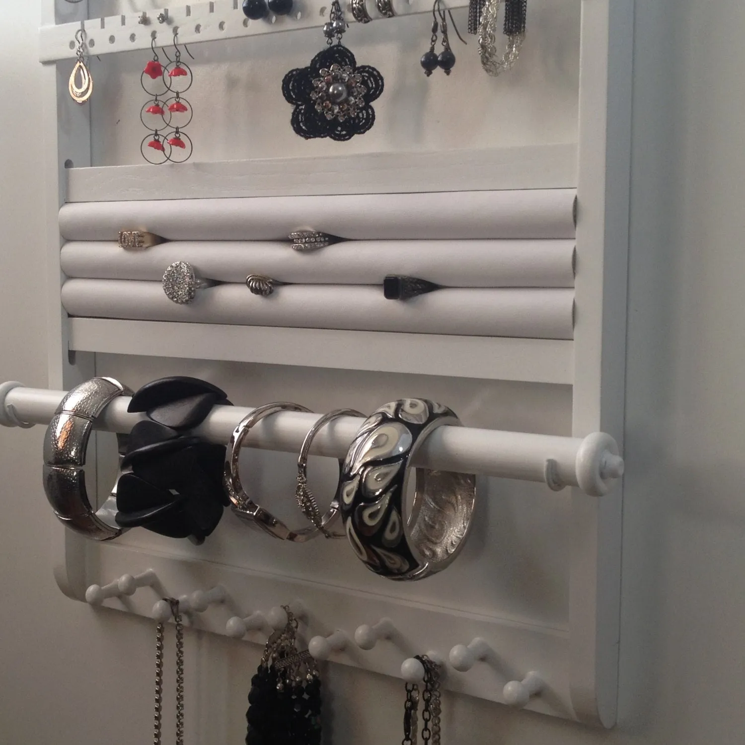 Jewelry Organizer DELUXE White Ring Holder,  Bracelet Earring Necklace Holder, Wood, Wall Mount