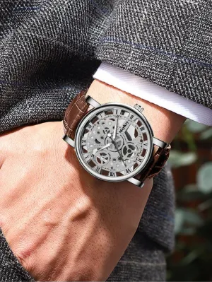 Men Round Pointer Quartz Watch - Brown