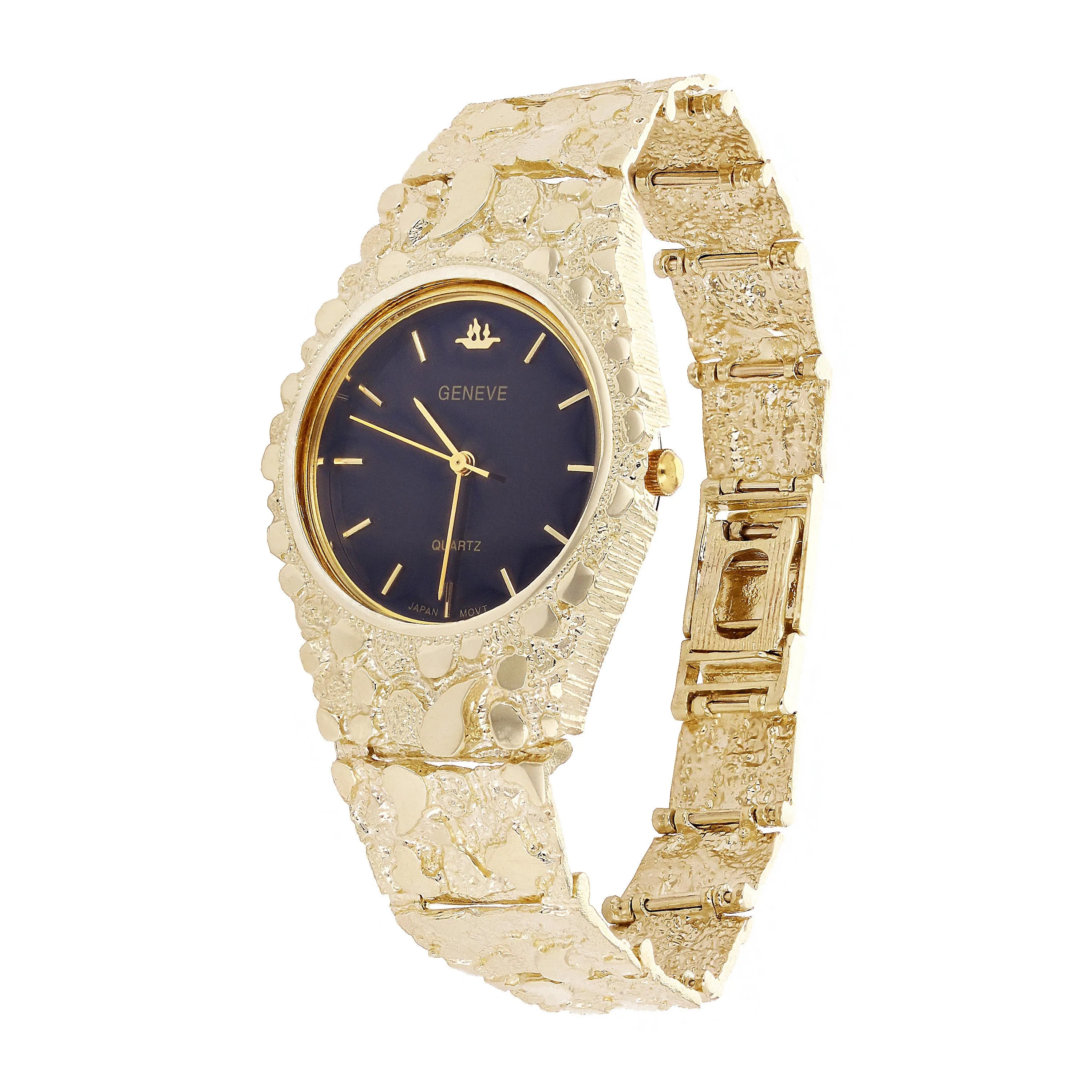 Men's 10k Yellow Gold Nugget Link Band Geneve Wrist Watch 7-7.5" 47 grams