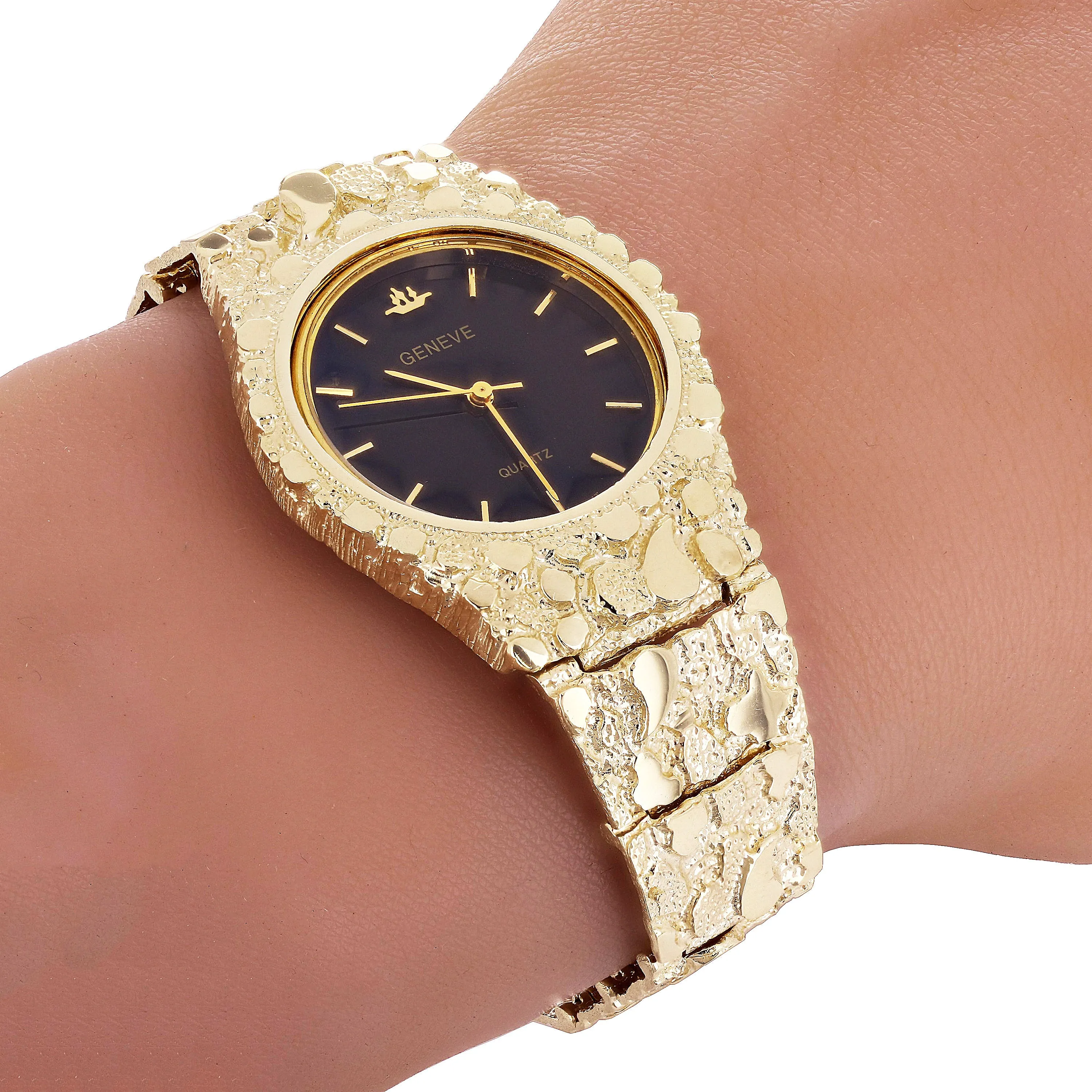 Men's 10k Yellow Gold Nugget Link Band Geneve Wrist Watch 7-7.5" 47 grams