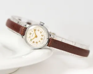 Micro wristwatch for women Seagull silver shade, vintage lady watch minimalist, limited edition retro gift watch women, new leather strap