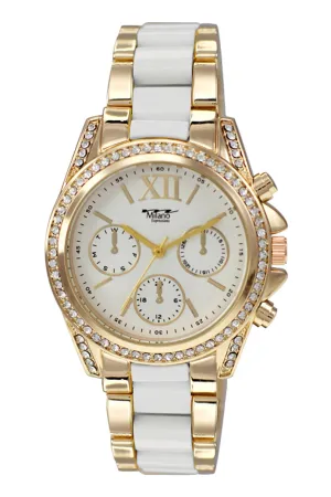 MILANO EXPRESSIONS GOLD/WHITE METAL BAND WATCH W/ PAVE GOLD CASE & GOLD DIAL