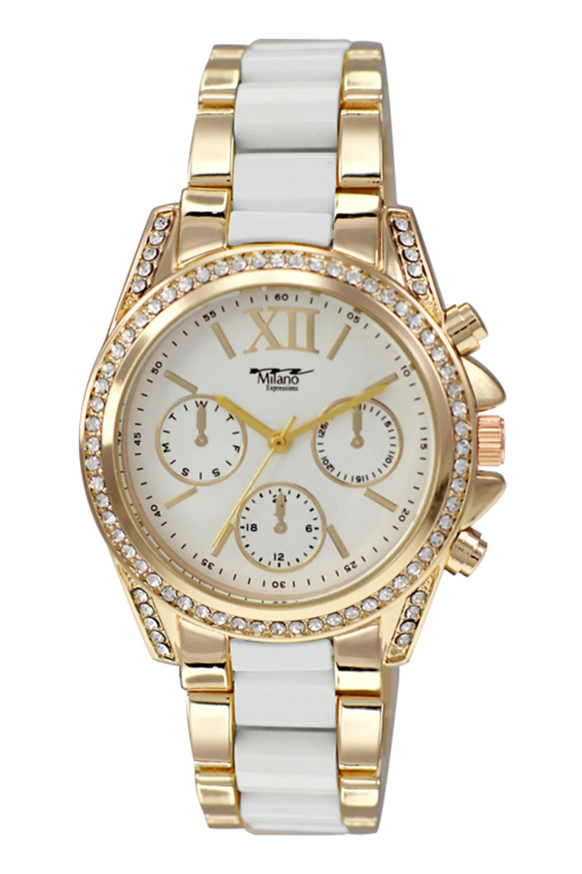 MILANO EXPRESSIONS GOLD/WHITE METAL BAND WATCH W/ PAVE GOLD CASE & GOLD DIAL