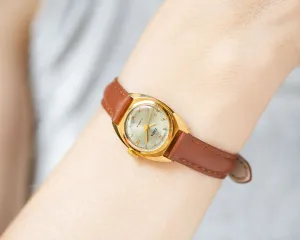 Modern vintage women watch Dawn, gold plated lady wristwatch minimalist, delicate women timepiece watch simple gift new genuine leather band