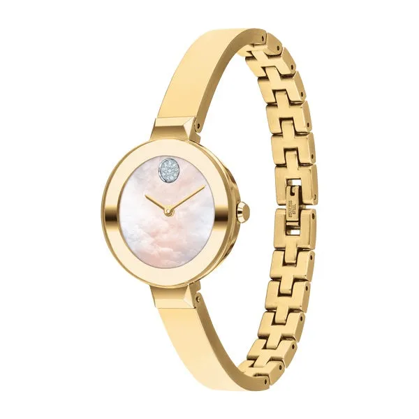 Movado Bold Bangle Ladies Gold Tone Mother of Pearl Dial and Crystal Set Dot Watch