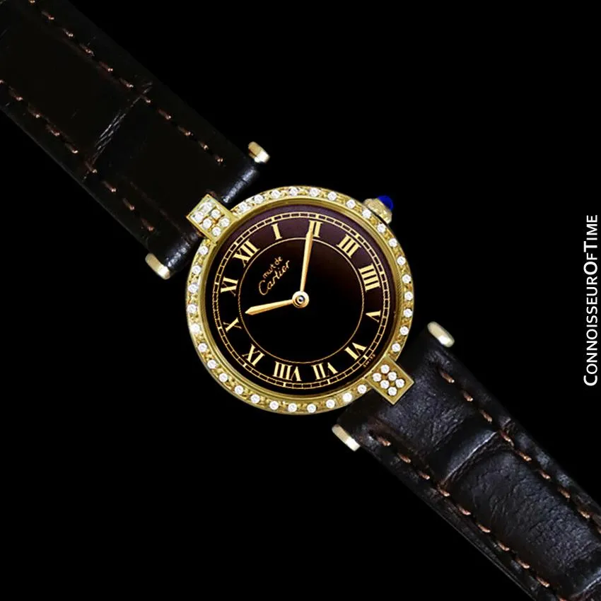 Must De Cartier Vendome Ladies Vermeil Watch with Chocoloate Brown Dial - 18K Gold Over Sterling Silver with Diamonds