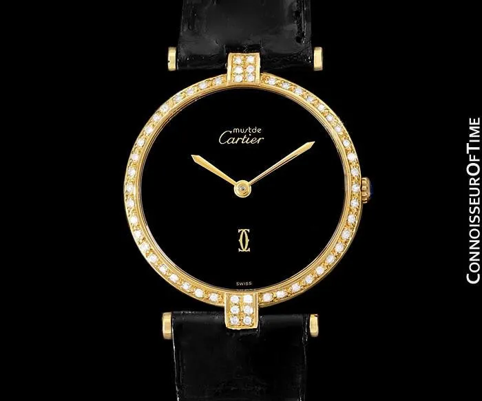 Must De Cartier Vendome Mens Midsize Unisex Vermeil Watch - 18K Gold Over Sterling Silver & Diamonds
