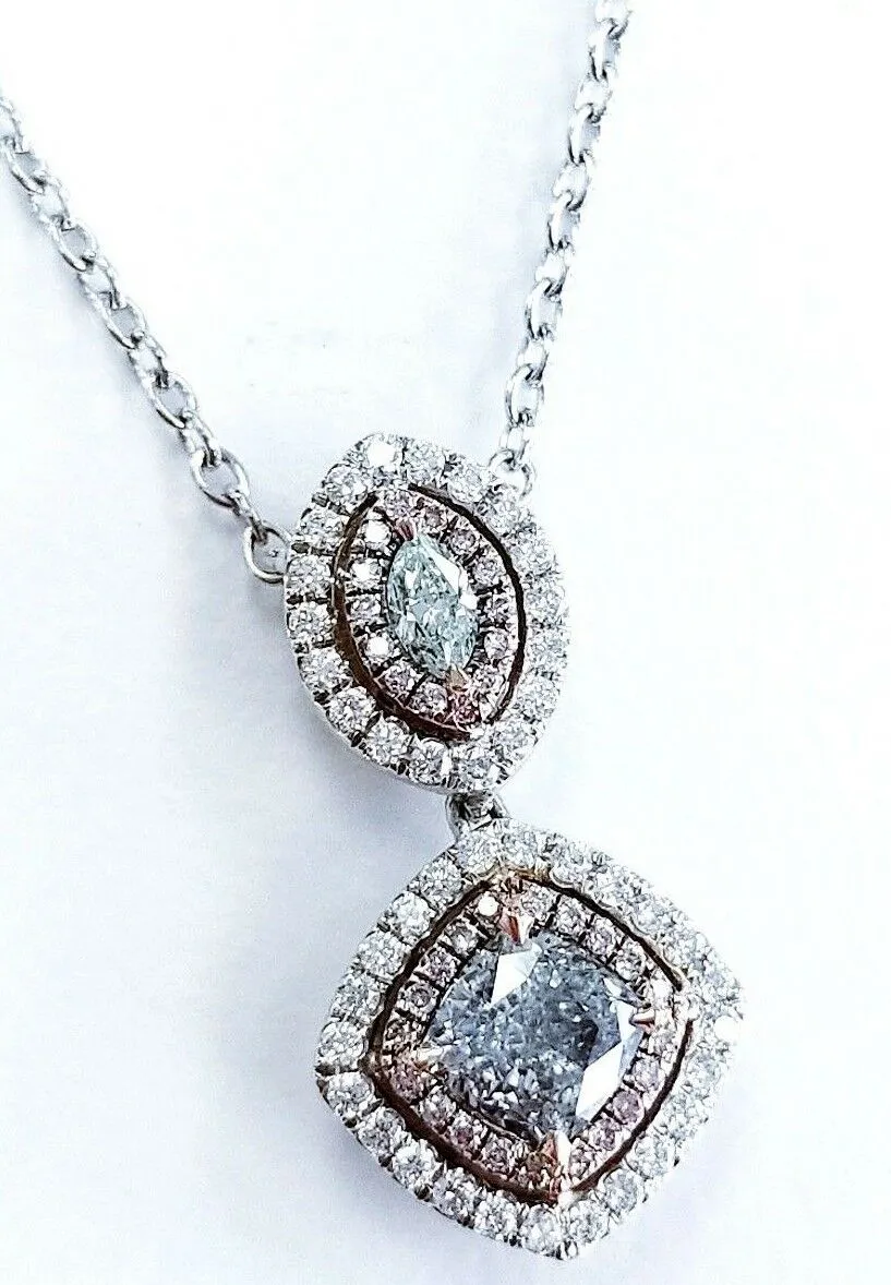 Natural Fancy Green Blue Pink Color Diamond Custom Handmade Necklace 18K 1.80 CT