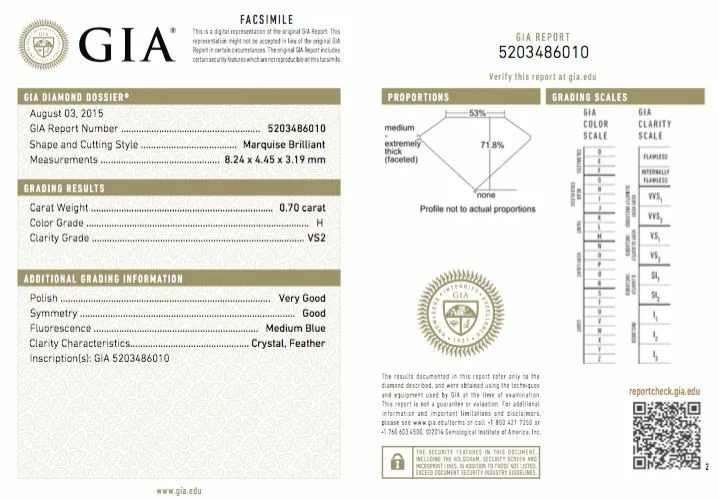 Natural Marquise Cut Loose Diamond 0.70 CT H Color VS2 Clarity GIA Certified