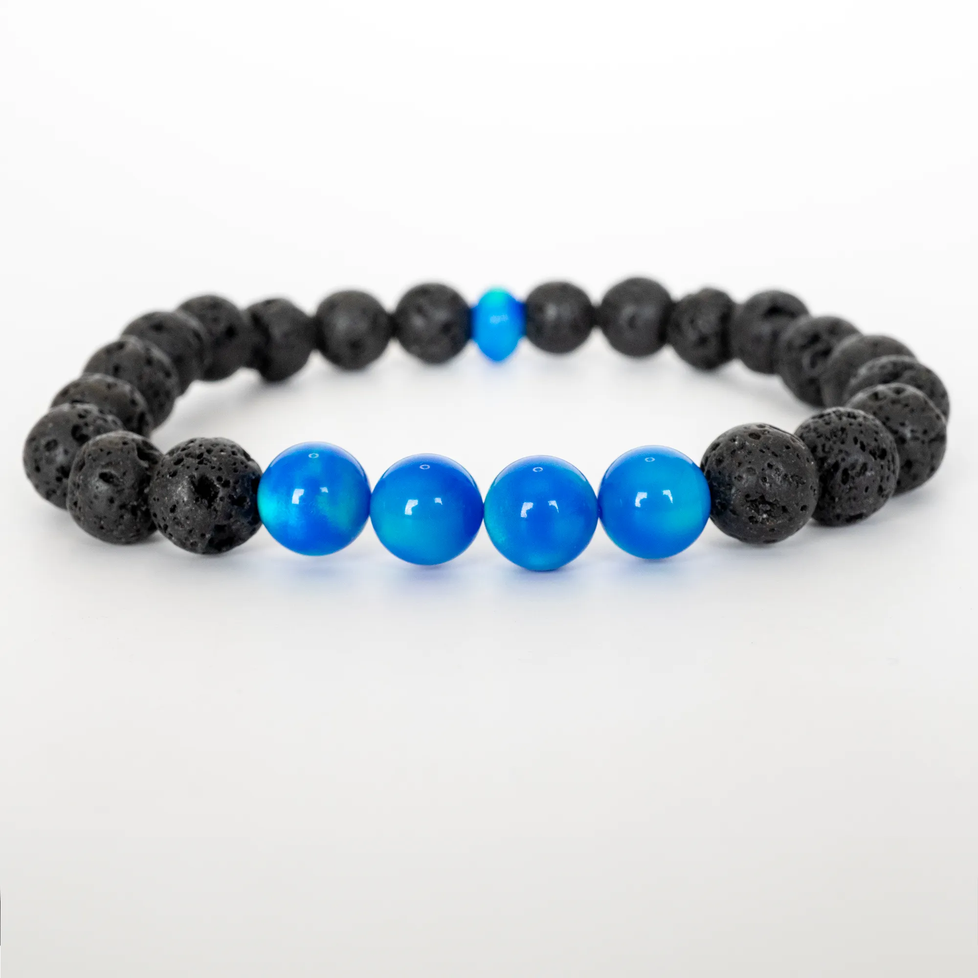 Ocean Blue Opalescence & Lava Stone Beaded Bracelet