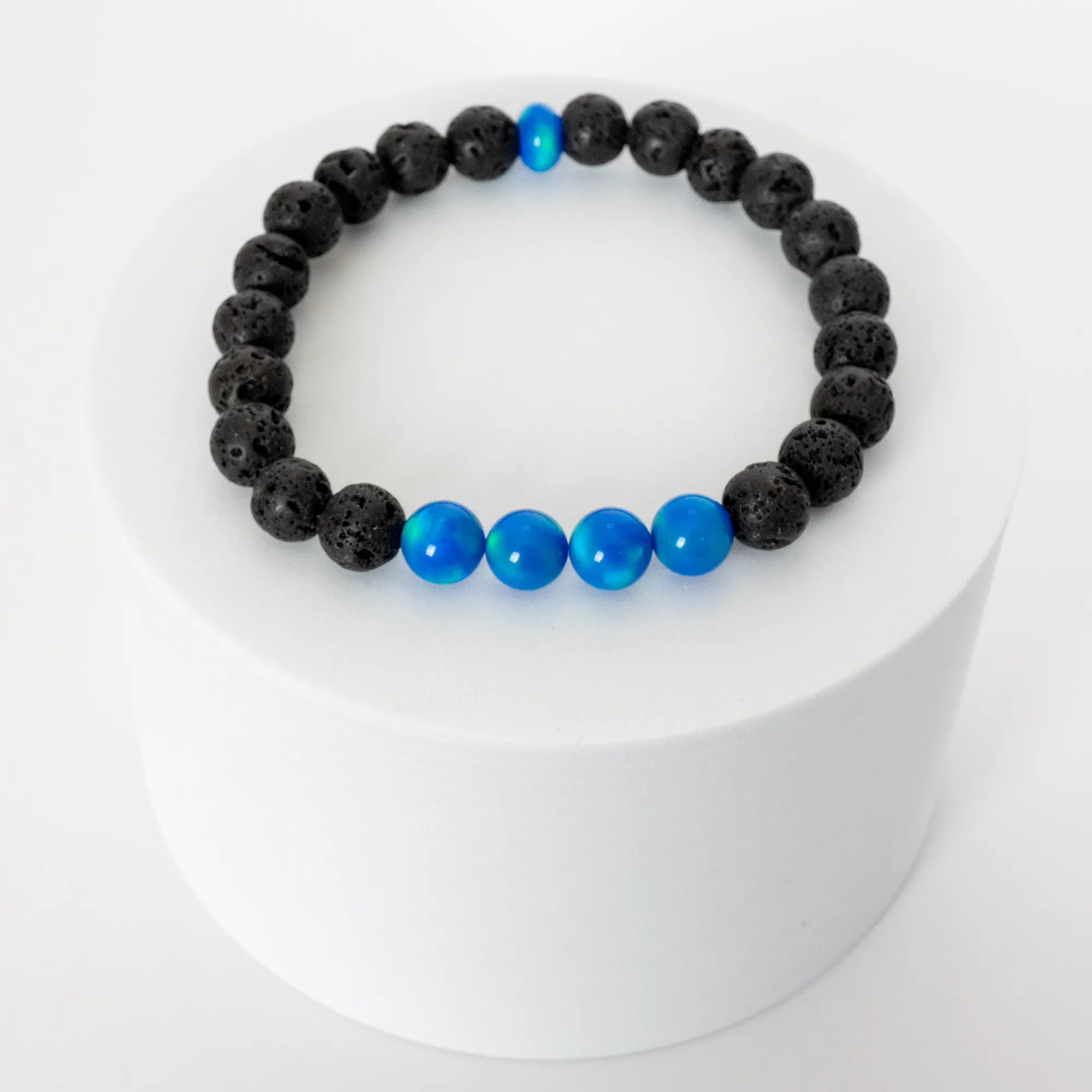 Ocean Blue Opalescence & Lava Stone Beaded Bracelet