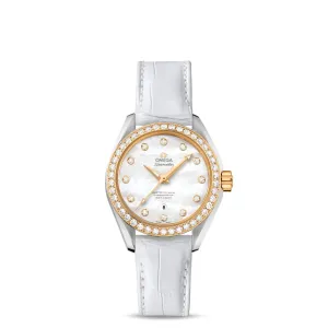 Omega Seamaster Aqua Terra 150M 34mm Watch - Ref: 231.28.34.20.55.004 - White Mother of Pearl Diamond Index Dial & Diamond Bezel in Two Tone Stainless Steel & 18K Yellow Gold Case, White Leather Strap