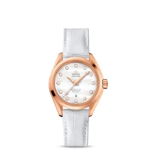 Omega Seamaster Aqua Terra 150M 34mm Watch - Ref: 231.53.34.20.55.001 - White Mother of Pearl Diamond Dial in 18K Rose Gold Case, White Leather Strap