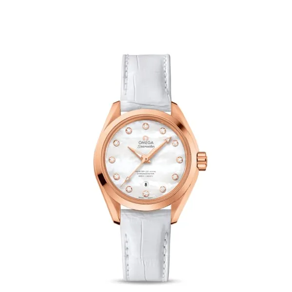Omega Seamaster Aqua Terra 150M 34mm Watch - Ref: 231.53.34.20.55.001 - White Mother of Pearl Diamond Dial in 18K Rose Gold Case, White Leather Strap