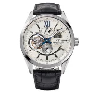 Orient Star RK-AV0007S Contemporary Modern Skeleton Silver Dial Black Leather Watch