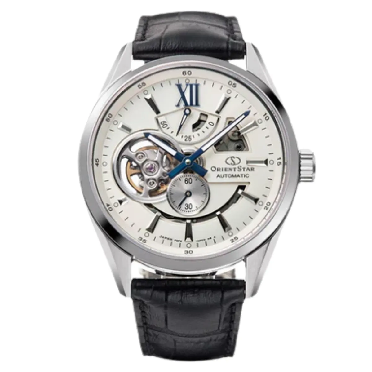 Orient Star RK-AV0007S Contemporary Modern Skeleton Silver Dial Black Leather Watch