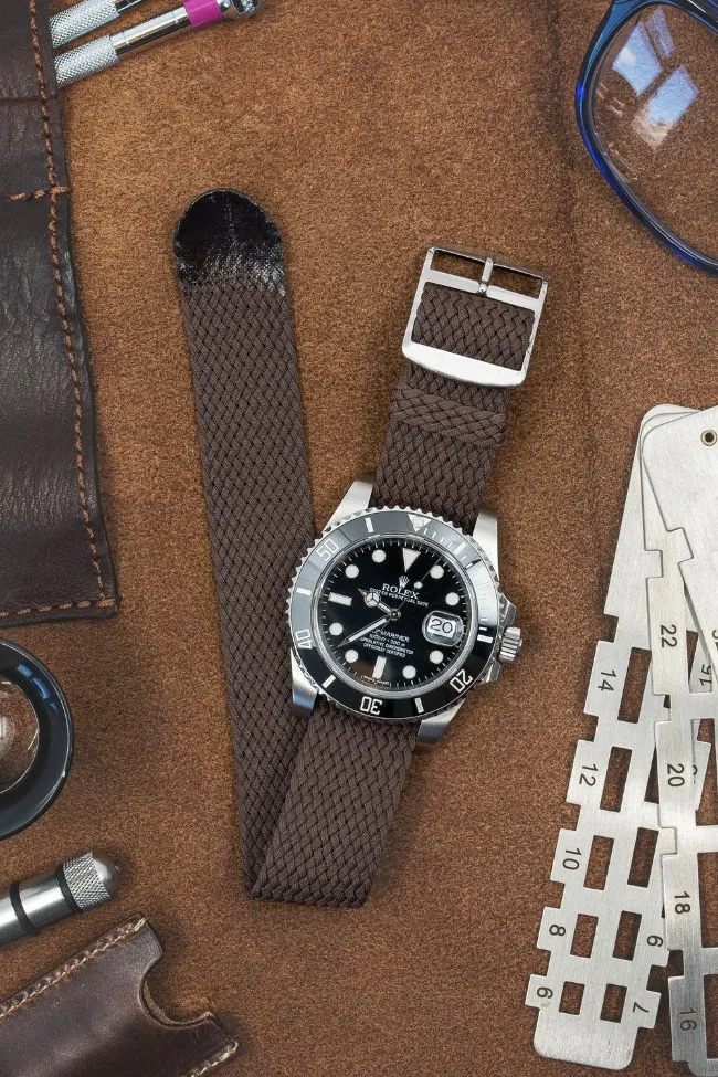 PERLON Braided One Piece Watch Strap & Buckle in BROWN