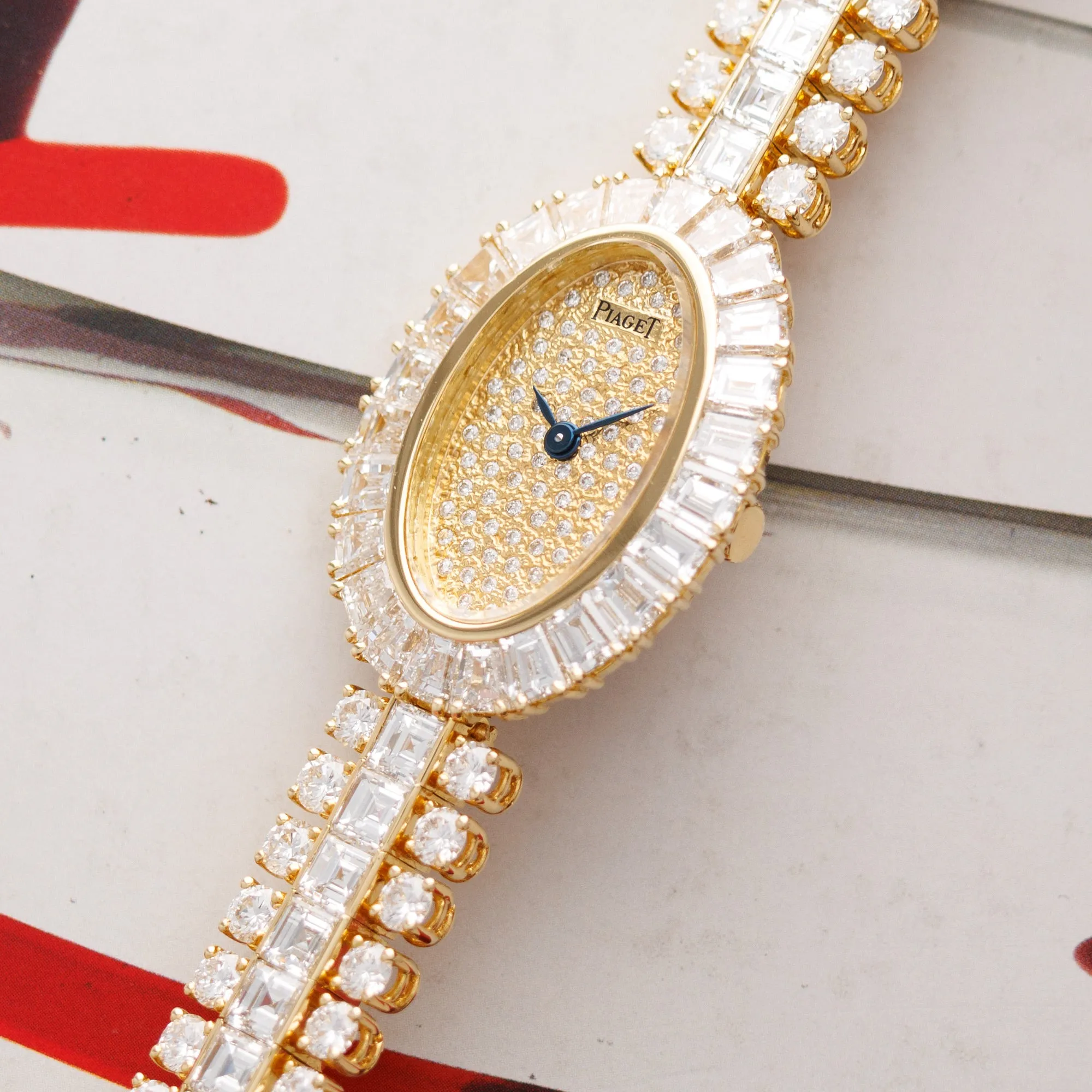 Piaget Yellow Gold Baguette Bezel with Pave Dial and Diamonds Bracelet