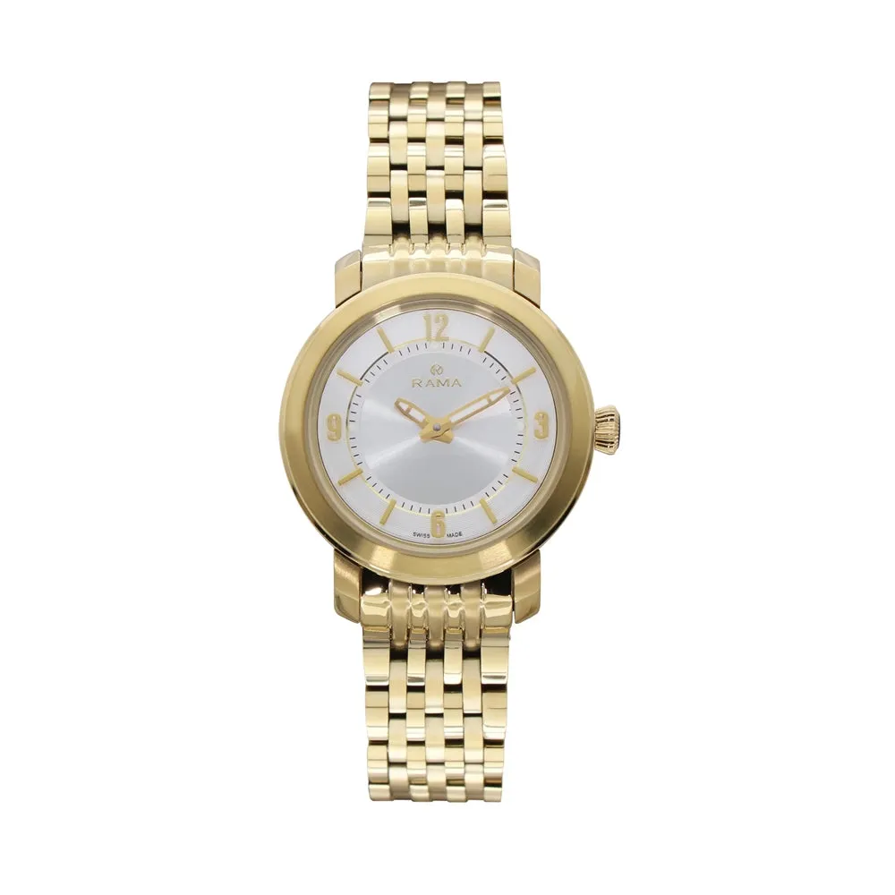 Rama Ladies Quartz Watch Full Yellow Gold Plated Stainless Steel Case & Bracelet With Silver Sun Ray And White Ring DialÂ 