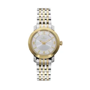 Rama Ladies Quartz Watch Two Tone Yellow Gold/Silver Plated Stainless Steel Case & Bracelet With Silver Sun Ray And White Ring Dial