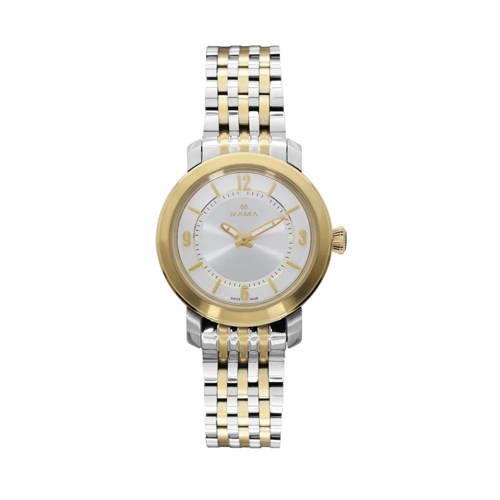 Rama Ladies Quartz Watch Two Tone Yellow Gold/Silver Plated Stainless Steel Case & Bracelet With Silver Sun Ray And White Ring Dial