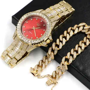 Raonhazae Hip Hop Iced Lab Diamond Gold Watch w/ 15mm Cuban Bracelet Set