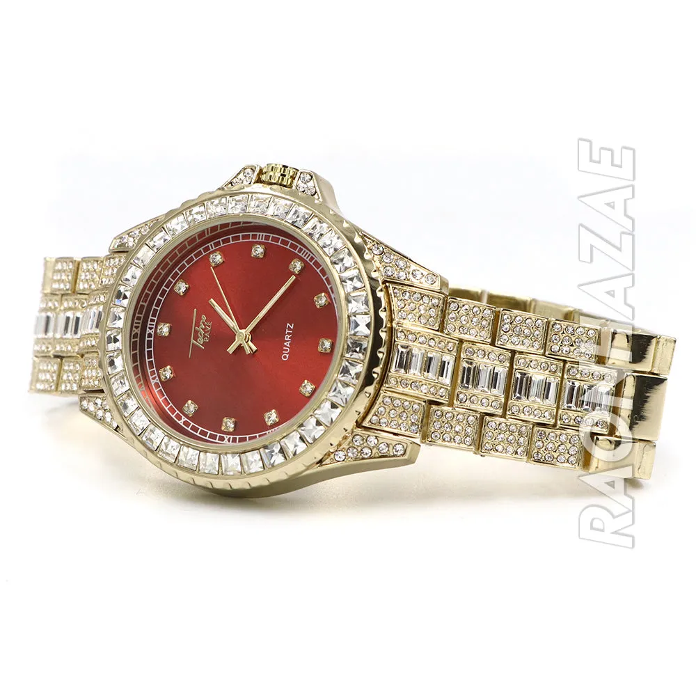 Raonhazae Hip Hop Iced Lab Diamond Gold Watch w/ 15mm Cuban Bracelet Set