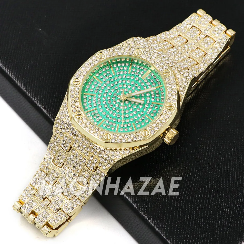 Raonhazae Hip Hop Lab Diamond Watch w/ 15mm Cuban Link Bracelet Set