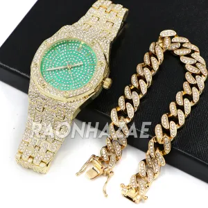 Raonhazae Hip Hop Lab Diamond Watch w/ 15mm Cuban Link Bracelet Set