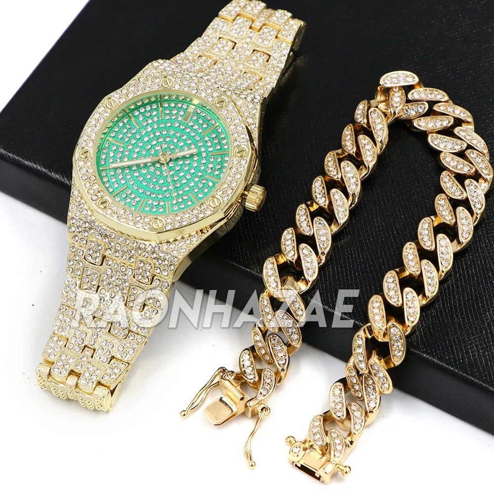 Raonhazae Hip Hop Lab Diamond Watch w/ 15mm Cuban Link Bracelet Set