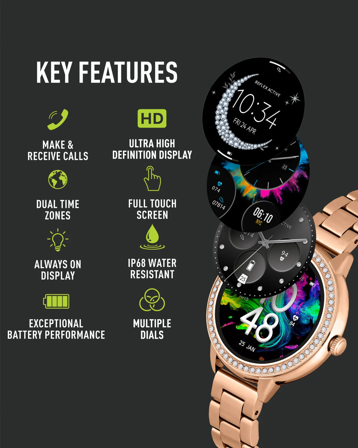 Reflex Active Series 41 Amoled Stone Set Rose Gold Bracelet Smart Calling Watch