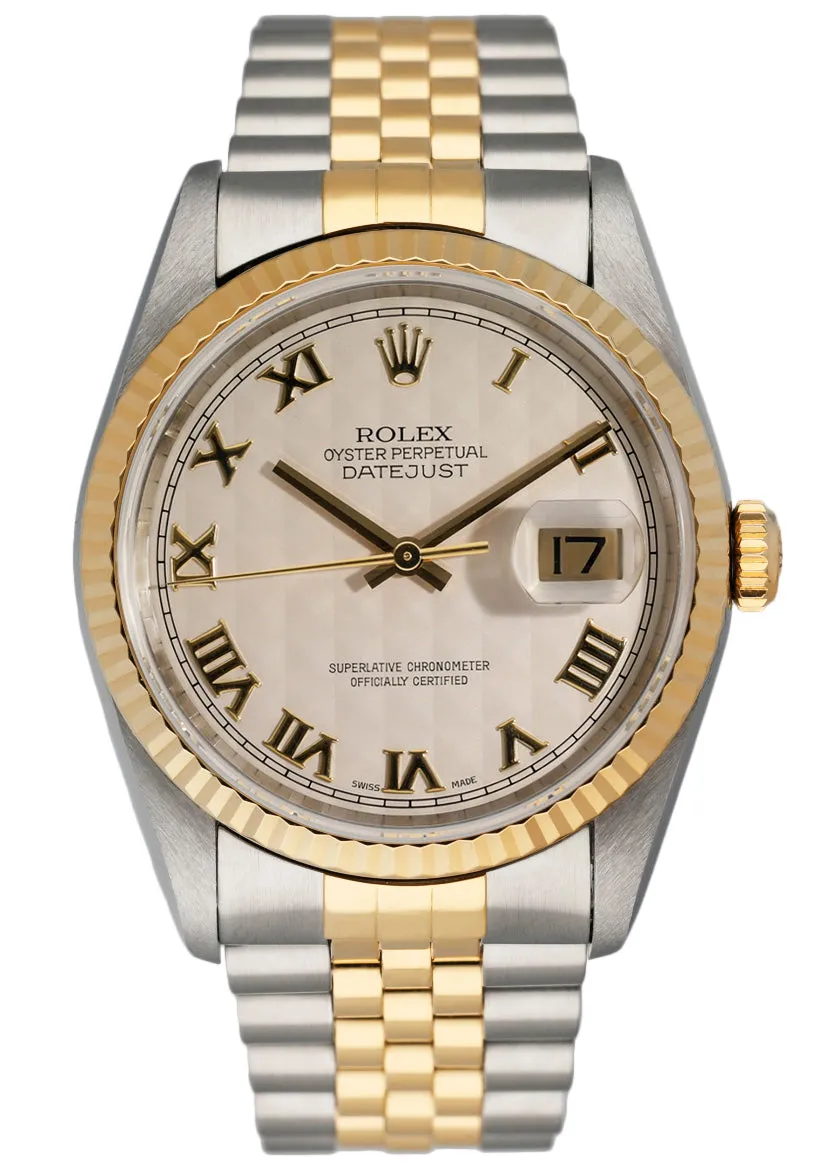 Rolex Datejust 16233 Ivory Pyramid Dial Mens Watch Box & Papers