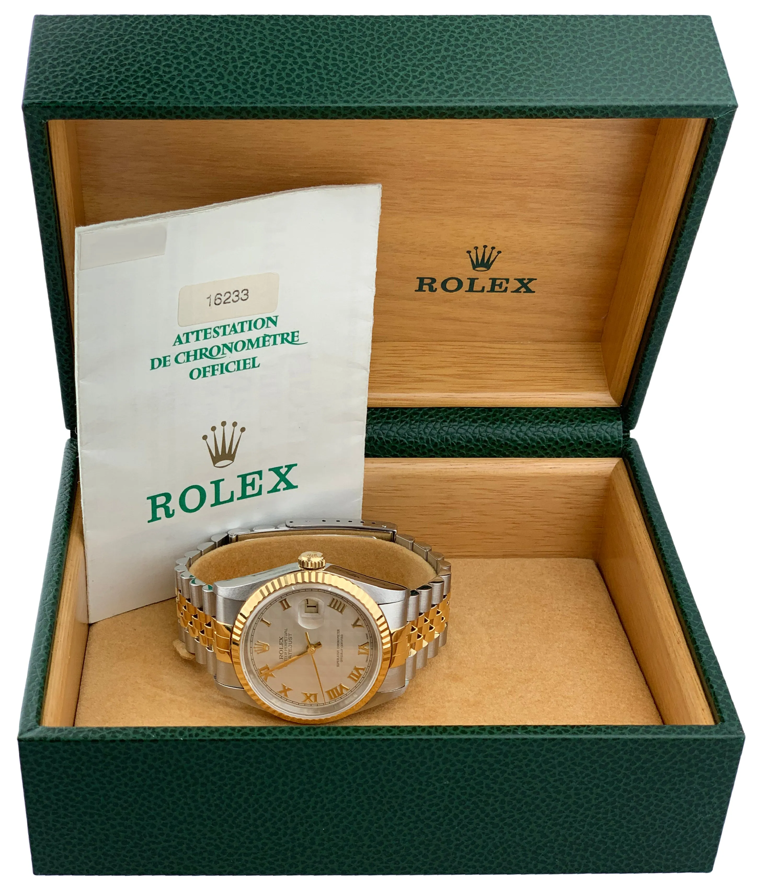Rolex Datejust 16233 Ivory Pyramid Dial Mens Watch Box & Papers