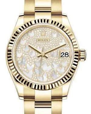 Rolex Datejust 31 Lady Midsize Yellow Gold Diamond Pave Mother of Pearl Butterfly Dial & Fluted Bezel Oyster Bracelet 278278