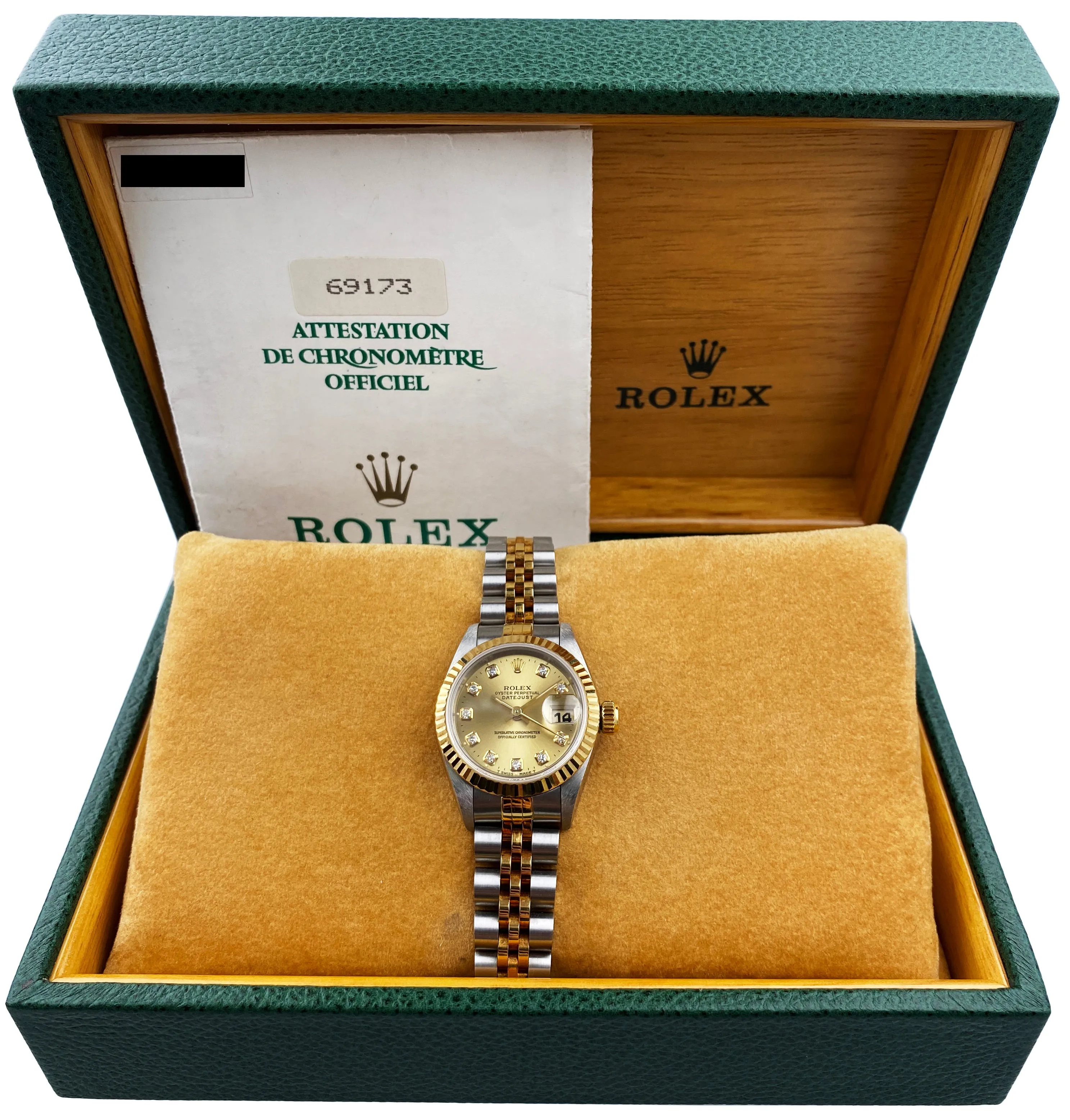Rolex Datejust 69173 Diamond Dial Ladies Watch Box & Papers