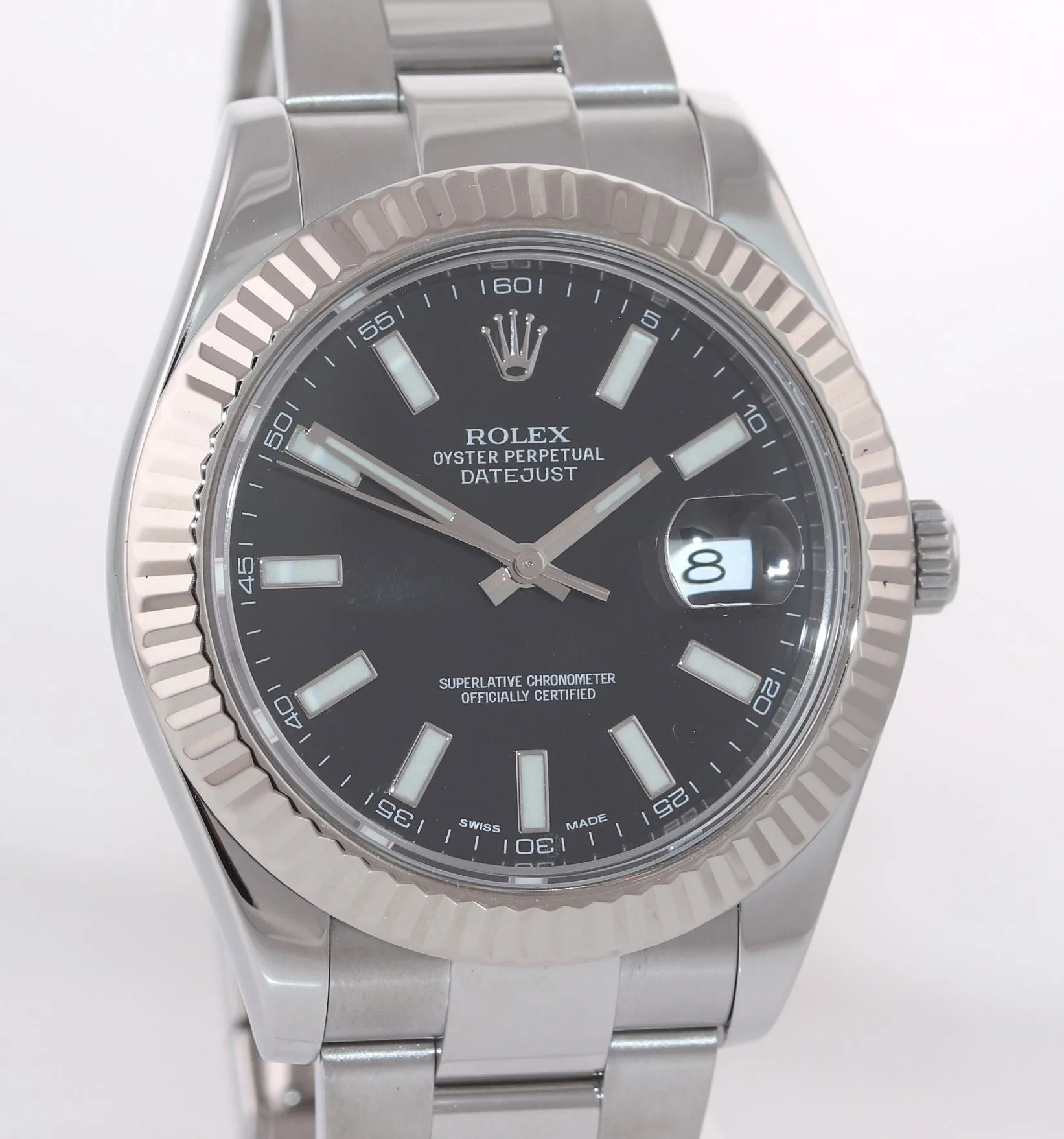 Rolex Datejust II 41mm 18k White Gold Steel Black Stick Dial 116334 Watch