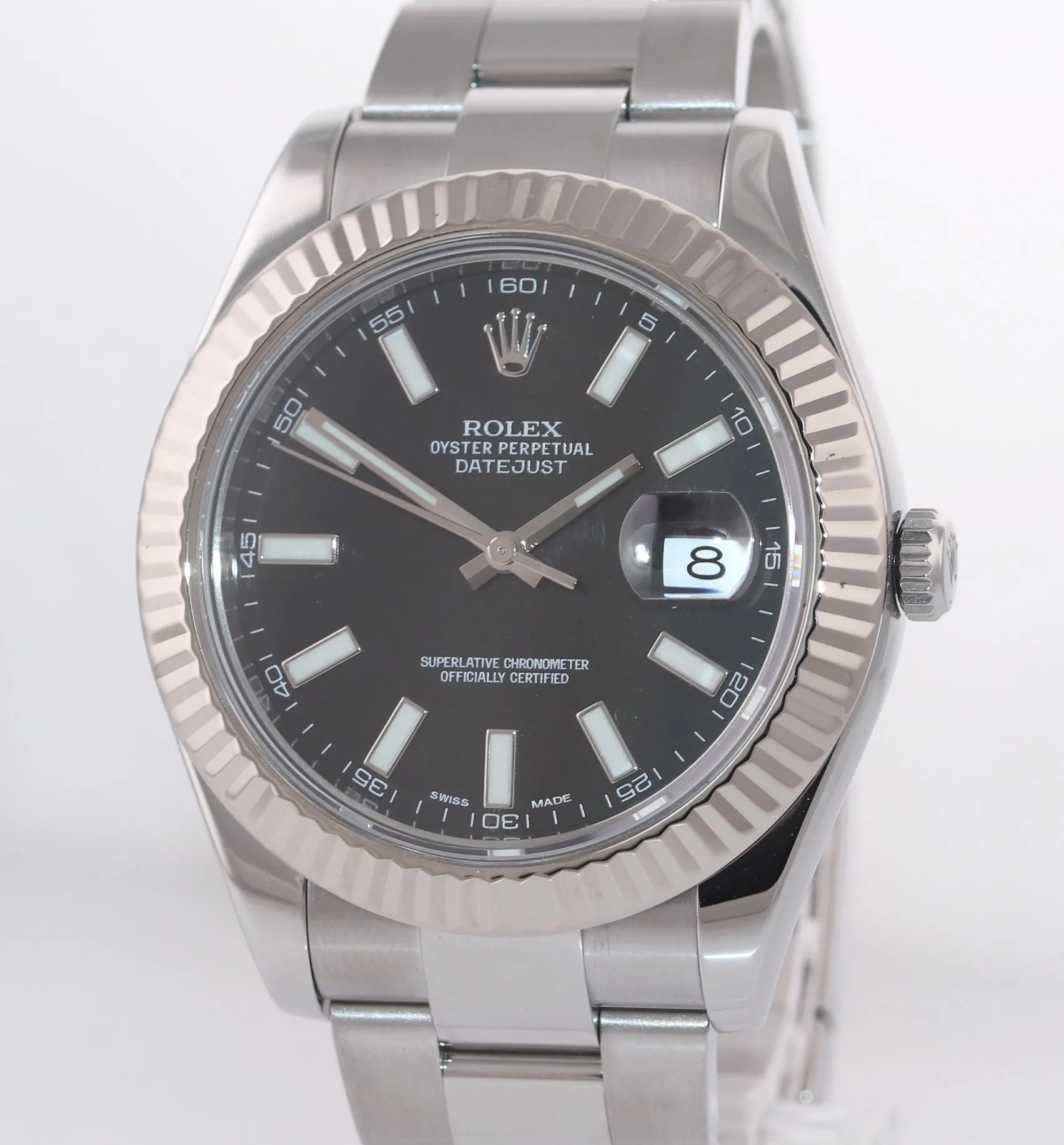 Rolex Datejust II 41mm 18k White Gold Steel Black Stick Dial 116334 Watch