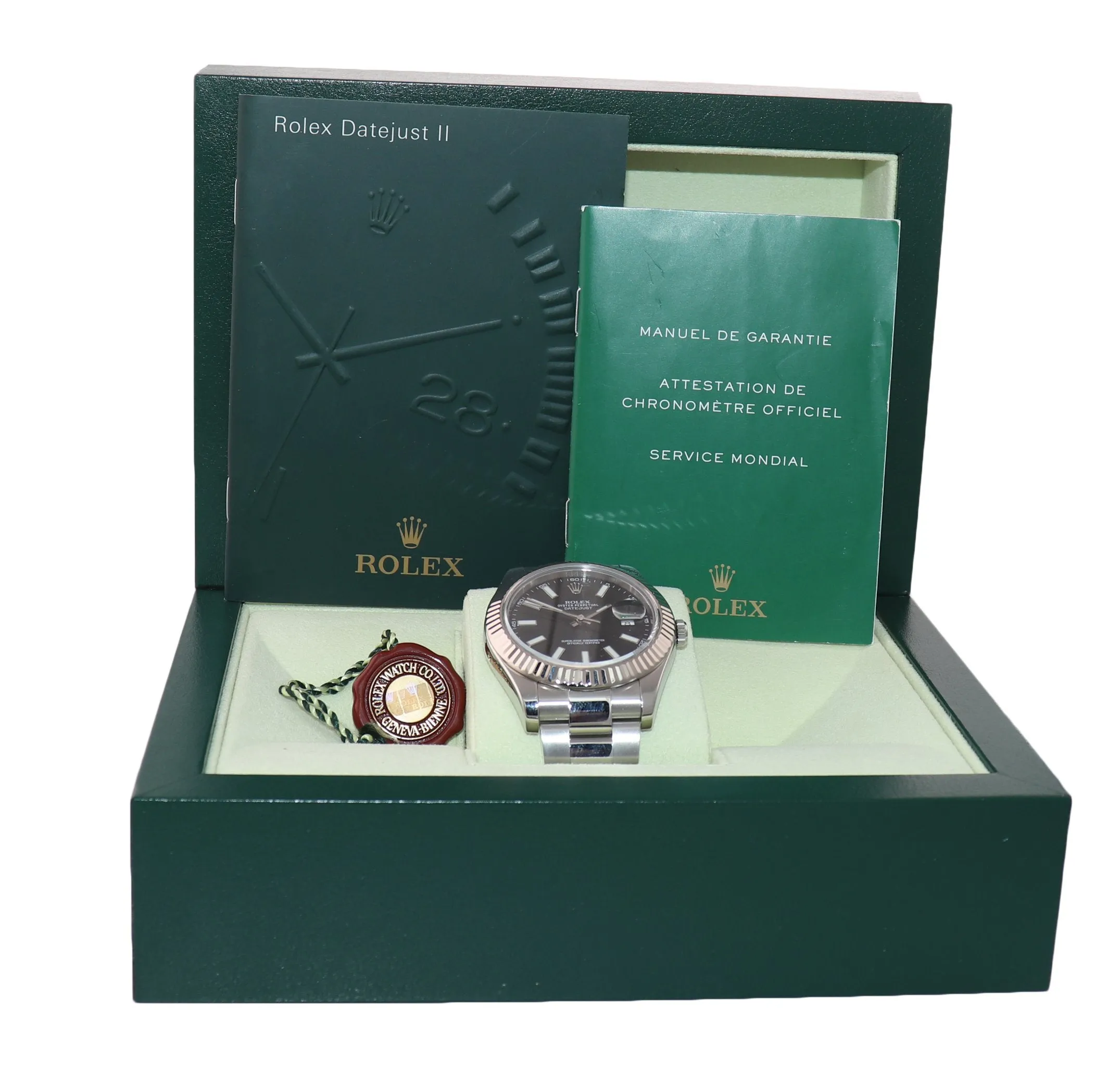 Rolex Datejust II 41mm 18k White Gold Steel Black Stick Dial 116334 Watch