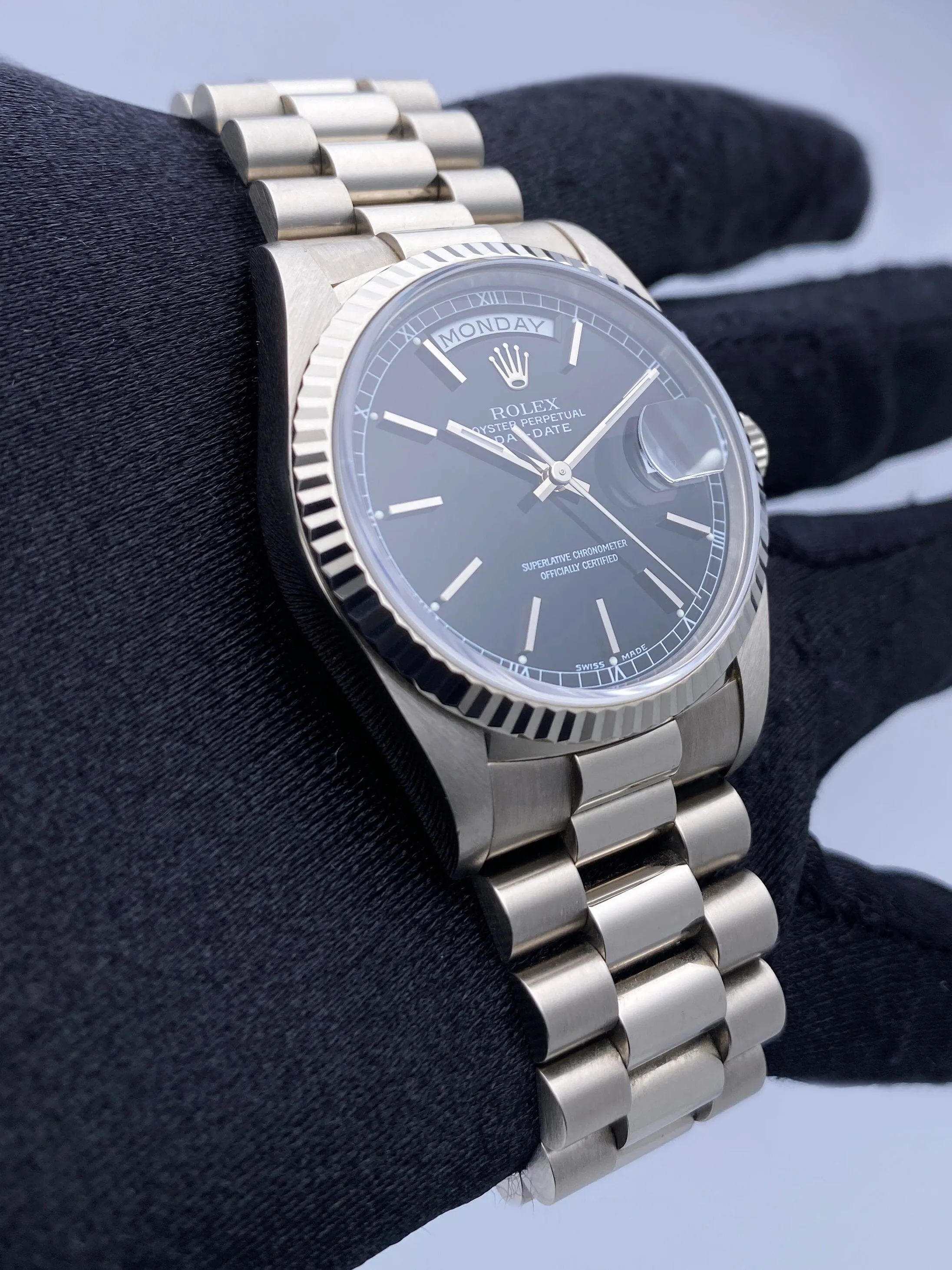 Rolex Day-Date 18239 Black Dial 18K White Gold Mens Watch Box Papers