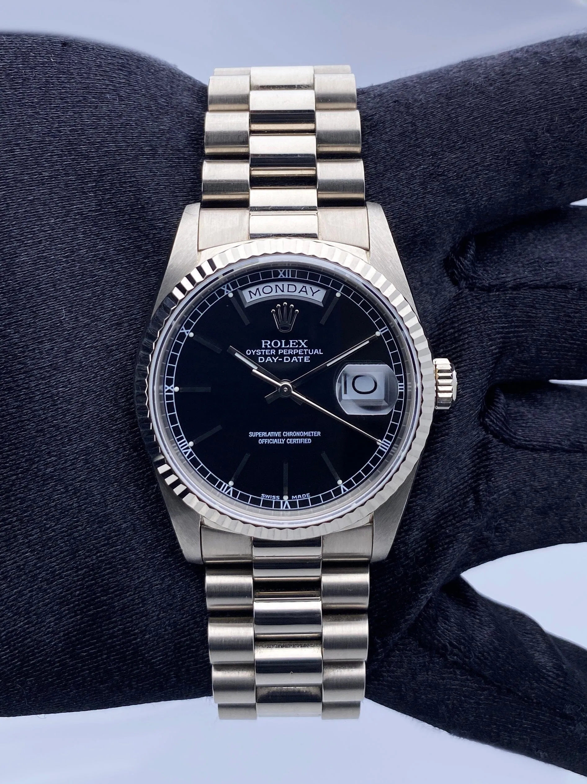 Rolex Day-Date 18239 Black Dial 18K White Gold Mens Watch Box Papers