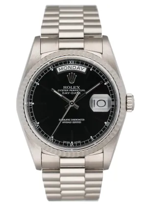 Rolex Day-Date 18239 Black Dial 18K White Gold Mens Watch Box Papers