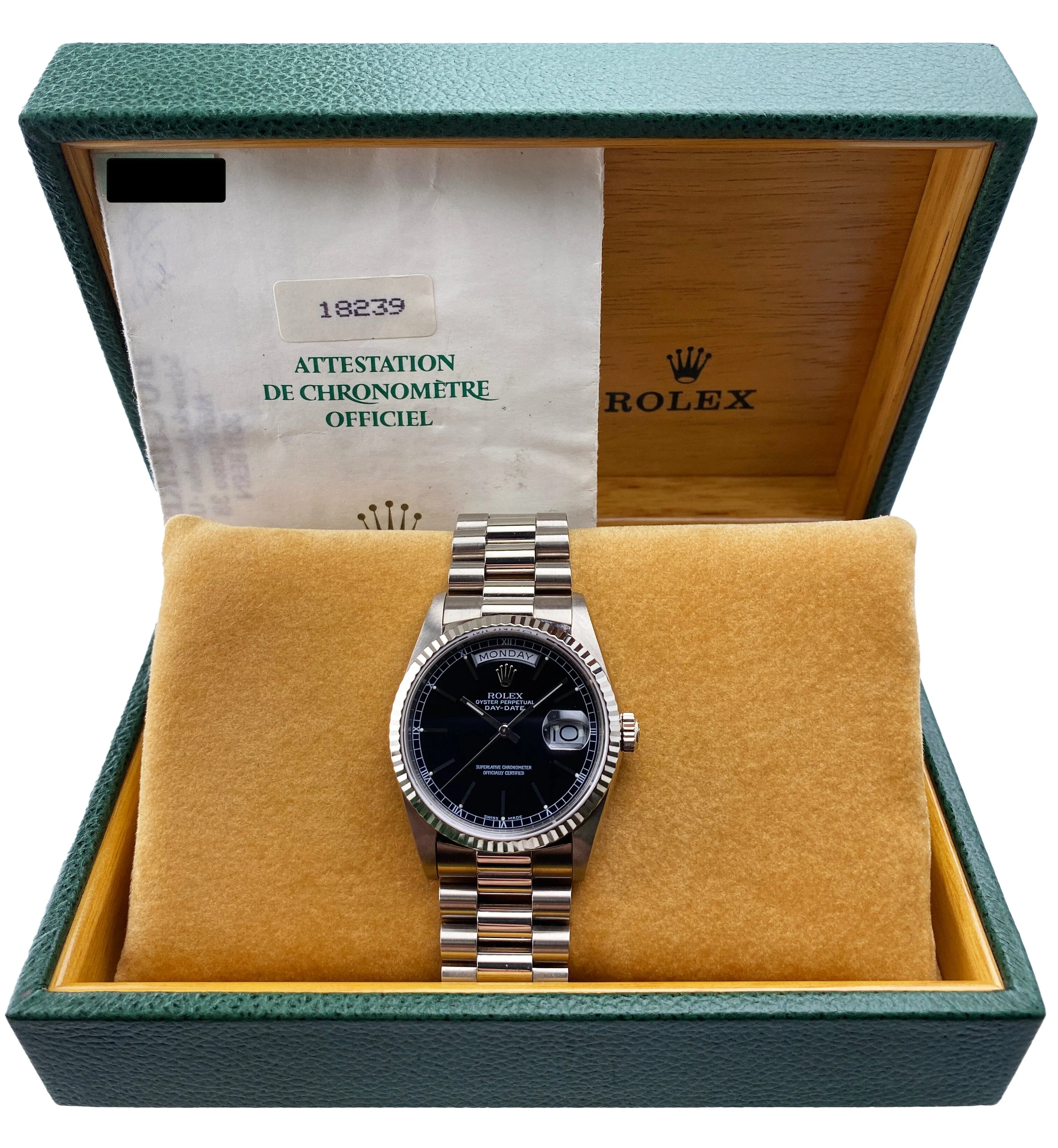 Rolex Day-Date 18239 Black Dial 18K White Gold Mens Watch Box Papers