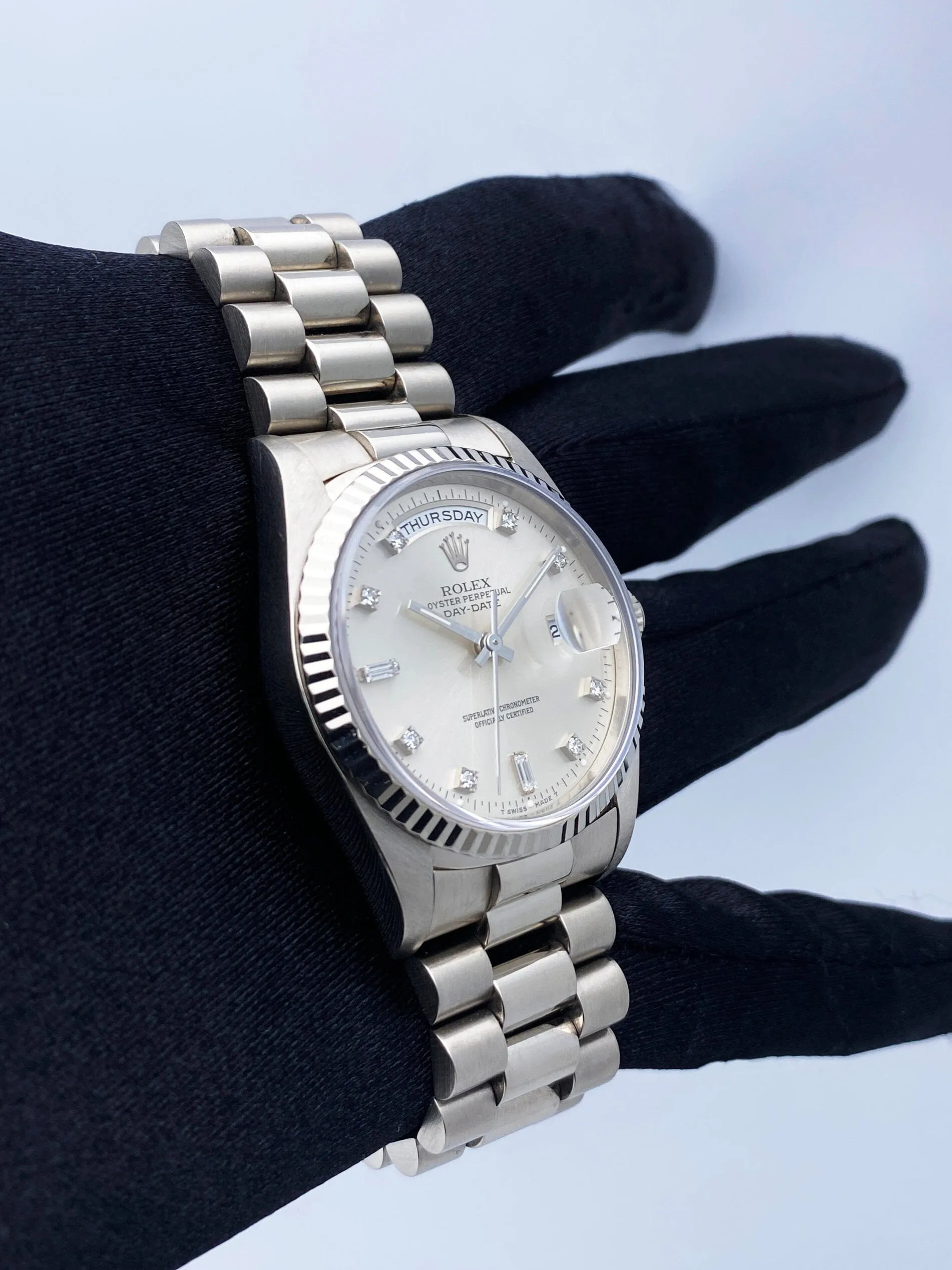 Rolex Day Date 18239 President 18K White Gold Diamond Dial Mens Watch