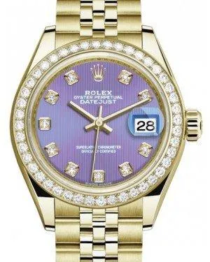 Rolex Lady Datejust 28 Yellow Gold Lavender Diamond Dial & Diamond Bezel Jubilee Bracelet 279138RBR