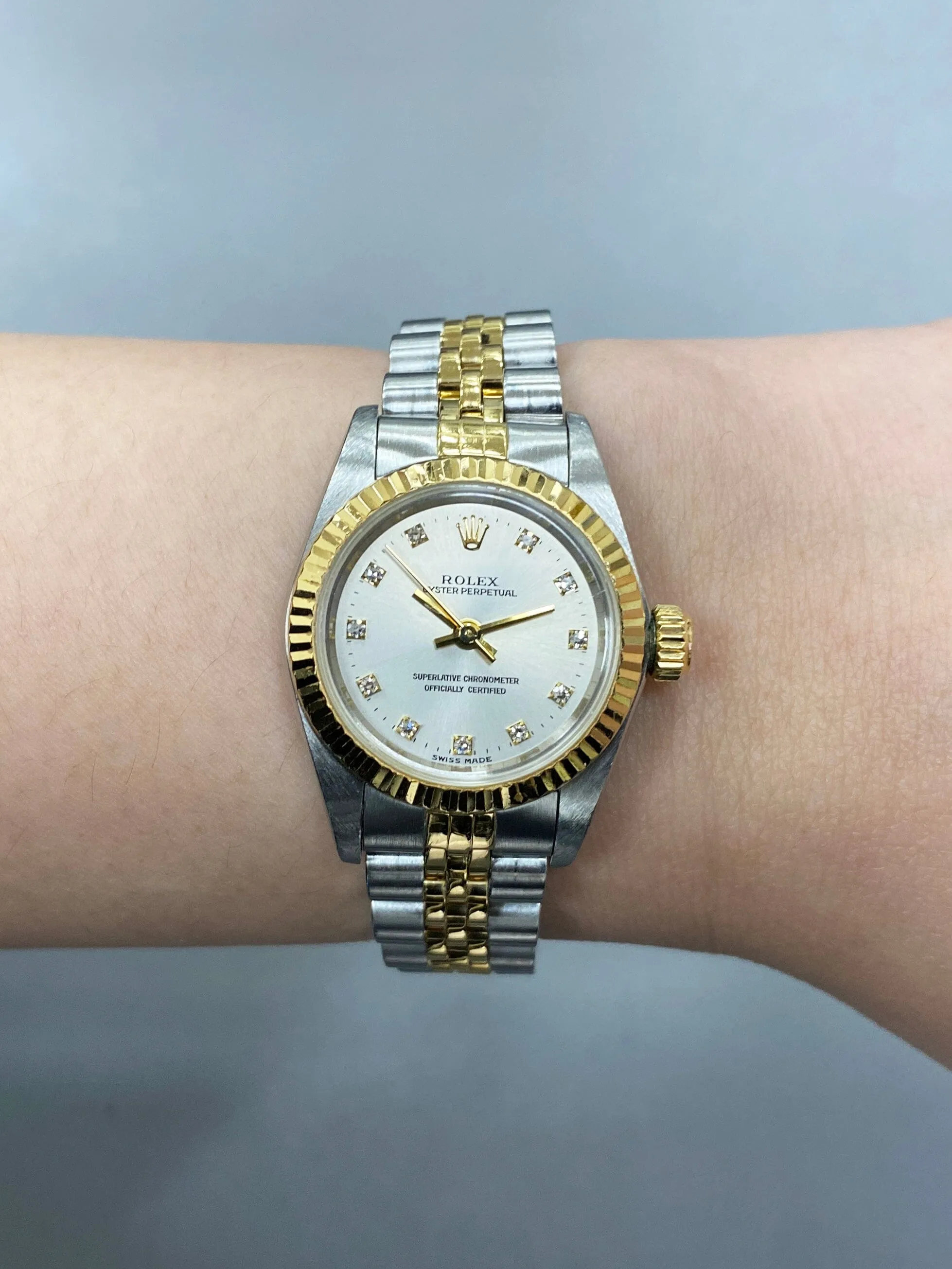 Rolex Oyster Perpetual 67193 Diamond Silver Dial Two Tone Ladies Watch