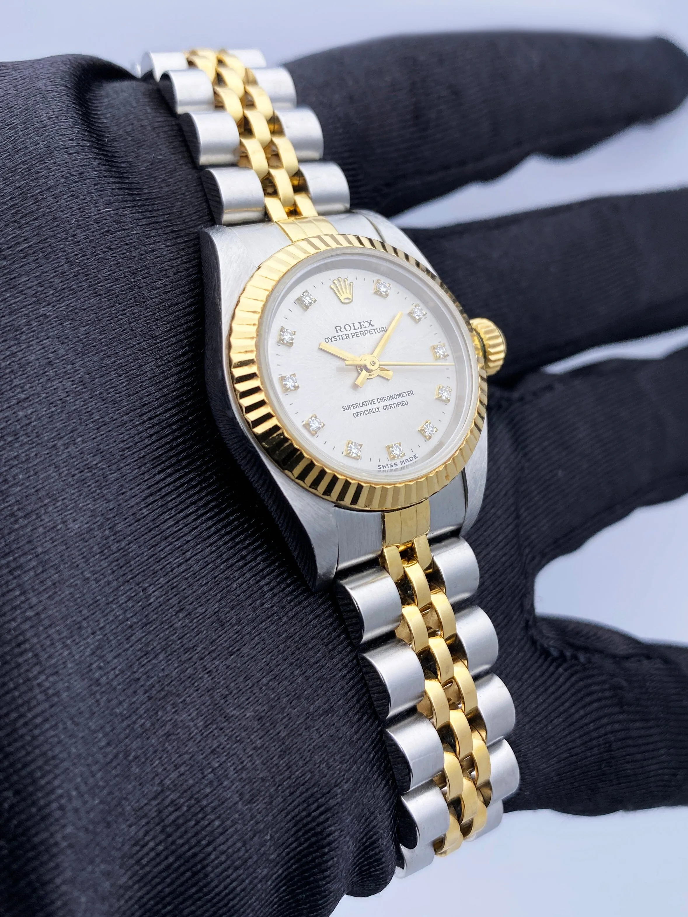 Rolex Oyster Perpetual 67193 Diamond Silver Dial Two Tone Ladies Watch