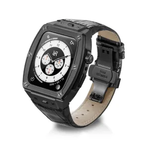 RYUEUYA Luxury Designer Stainless Steel Case and Leather Band Compatible for Apple Watch Series 9 8 7 6 se 44/45mm Rugged Military Bumper Tacticalfor iWatch B-BL