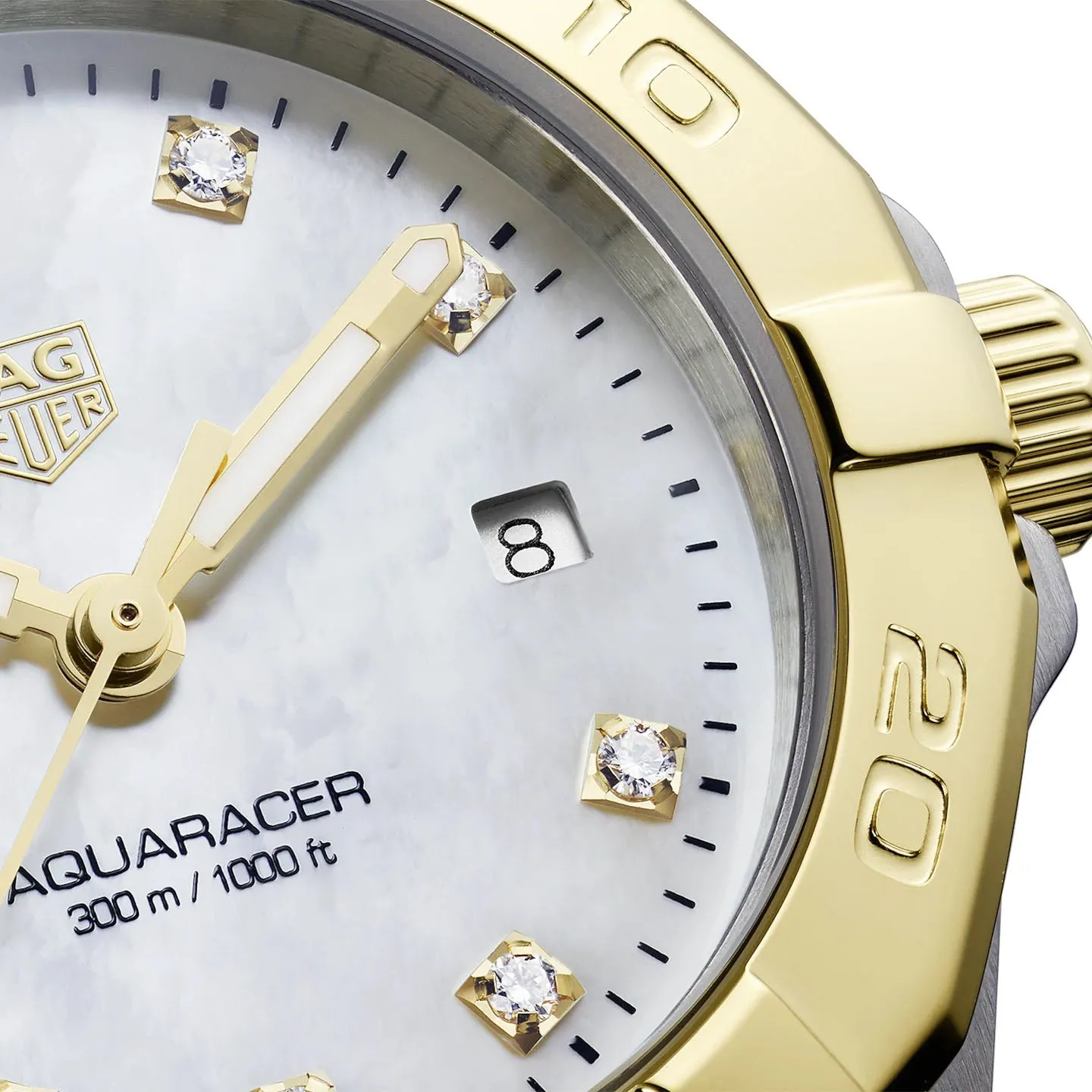 TAG Heuer Ladies' Aquaracer 27mm Quartz Stainless Steel and Yellow Gold Mother-of-Pearl Dial Watch with Diamond Accents