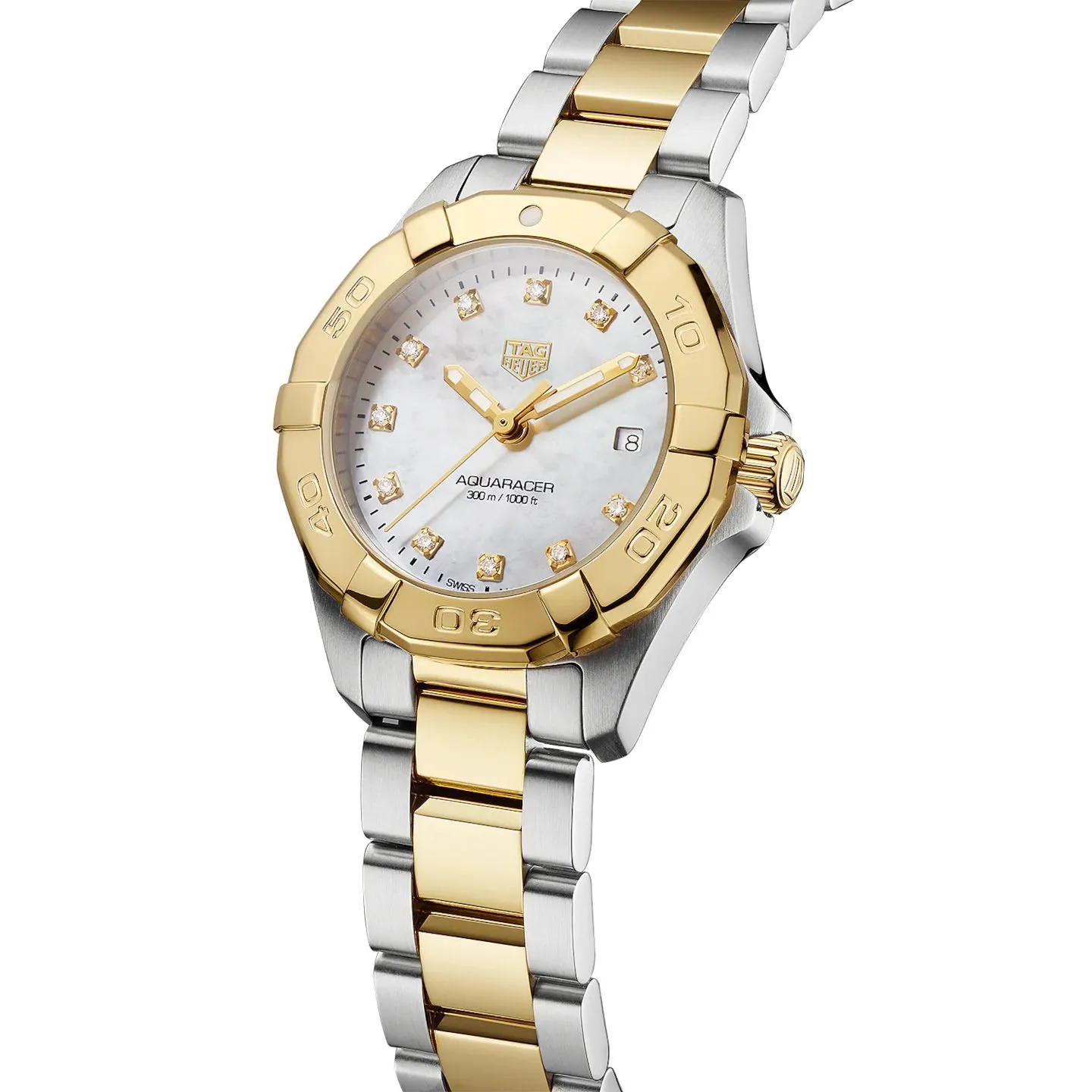 TAG Heuer Ladies' Aquaracer 27mm Quartz Stainless Steel and Yellow Gold Mother-of-Pearl Dial Watch with Diamond Accents