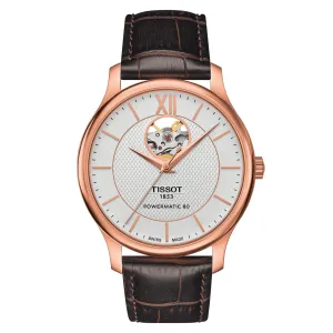 Tissot Tradition Powermatic 80 Open Heart Mens Rose Tone Brown Leather Strap Watch